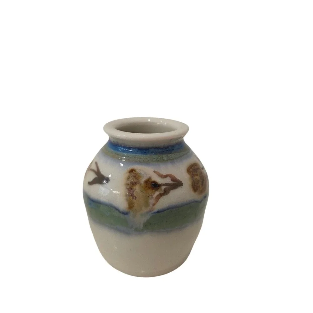 Set of 4 Miniature Studio Pottery Vases & Bowl Sign CR?CS Artisan Glazed Ceramic